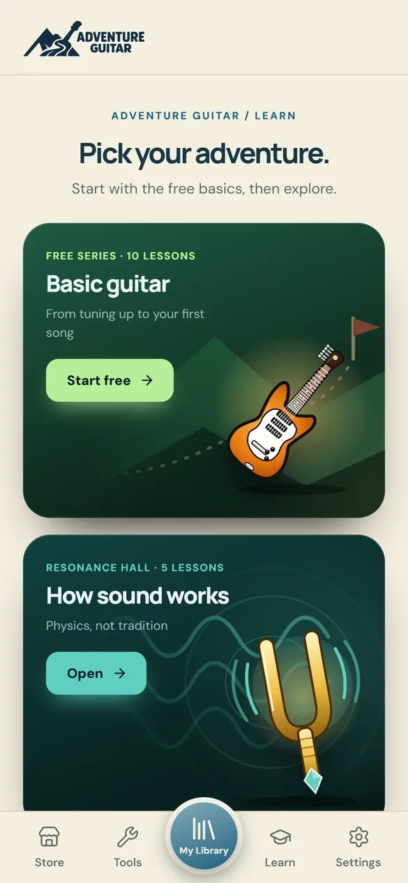 The Adventure Guitar Learn screen with the free Basic guitar series and a How sound works unit.